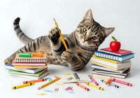 Tabby cat with raised paw holding pencil, surrounded by stacked colorful books and scattered school supplies including markers and apple. Educational concept for learning, back to school, creativity and knowledge.