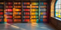 Colorful library bookshelves arranged by rainbow spectrum with sunlight streaming through stained glass window creating magical atmosphere on wooden floor.