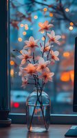 Delicate pink cherry blossoms in glass jar on windowsill at dusk, with soft bokeh lights and urban background creating dreamy atmospheric mood.