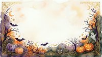 Halloween autumn frame with pumpkins, bats, bare trees and ornate border on light background for seasonal greeting cards and party invitations.
