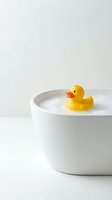 Yellow rubber duck floating in white ceramic bowl with milk or cream on clean white background for bath time and childhood concepts.