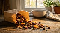 Homemade trail mix with nuts, dried fruits and chocolate spilling from paper bag on rustic wooden table near sunny window for healthy snacking.