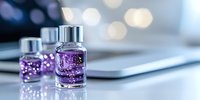 Purple glitter nail polish bottles with sparkles on reflective surface against blurred bokeh background, modern cosmetic product photography.