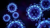 Blue coronavirus particles floating in dark space showing detailed spike proteins and viral structure for medical education and research presentations.