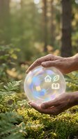Hands protecting glowing sphere with eco-friendly home icons in forest setting symbolizing environmental conservation and sustainable living practices.