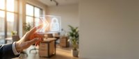 Businesswoman holding glowing padlock icon in modern office with natural light, representing cybersecurity, data protection, and digital safety solutions for corporate environments.