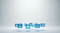 Transparent blue glass cubes arranged in a row on white background, isolated and ready for design use in web graphics, presentations, and digital projects.