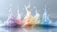 Colorful liquid splashes in rainbow sequence from purple to blue creating dynamic motion effect against gray background, frozen moment of fluid dance.