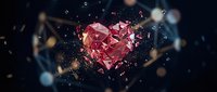 Pink crystal heart shattering into fragments with sparkling particles and bokeh lights on dark background for romantic designs and love concepts.