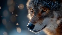 Close up portrait of gray wolf face with amber eyes in winter snow with bokeh lights and sunlit frost particles creating magical atmosphere.