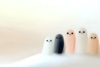 Cute kawaii ghost characters in pastel colors on soft gradient background. Simple minimalist spooky spirits with friendly expressions lined up together.