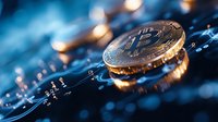 Cryptocurrency coins on circuit board with blue technology glow, macro view showing digital currency and blockchain concept for financial technology.