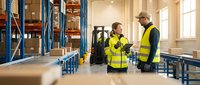 Two warehouse workers in safety vests discussing logistics operations in modern distribution center with forklift and storage racks in background.