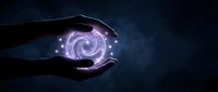 Hands protecting glowing purple spiral galaxy with sparkling stars against dark blue cosmic background for technology and universe concepts.