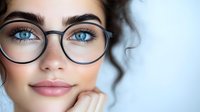 Young Caucasian woman with bright blue eyes wearing round glasses, natural makeup, and curly hair against light background. Close up portrait showing confident smile.