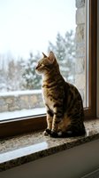Tabby cat sitting on windowsill gazing at snowy winter landscape with evergreen trees and falling snow visible through glass window pane.