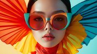 Young woman with East Asian features wearing oversized round orange sunglasses and colorful pleated paper wings in red, yellow, and blue tones against a split background for creative and editorial projects.