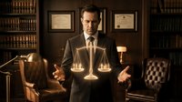 Professional male lawyer in dark suit holding golden scales of justice in elegant law office with leather furniture and legal books on shelves behind him.
