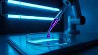 Scientist holding pipette with glowing purple liquid over petri dish in laboratory setting with neon blue lighting for scientific research and medical testing concepts.