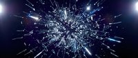 Shattered glass explosion with sharp fragments radiating outward from center point creating dramatic破碎effect against dark background for impact designs.