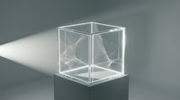 Clear acrylic cube with geometric line patterns inside, isolated on neutral background. Suitable for modern design, packaging mockups, and contemporary product displays.