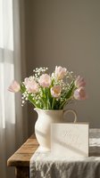 Soft pink tulips with baby's breath in white ceramic pitcher beside Happy Birthday card on rustic wooden table with natural window light for celebrations.