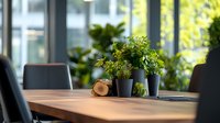 Modern wooden conference table with potted plants and natural lighting in contemporary office space, creating professional yet welcoming atmosphere for meetings and collaboration.