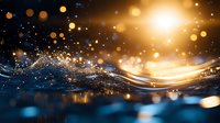 Abstract golden light waves flowing through dark blue space with sparkling bokeh particles and luminous energy streams for luxury backgrounds.