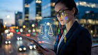 Professional businesswoman using digital tablet with justice scales hologram at night in modern city office environment for legal technology concepts.