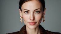 Young woman with elegant gold earrings wearing leopard print coat against gray background, showcasing natural makeup and sophisticated style.