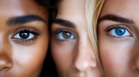 Close up of diverse women's eyes showing different eye colors and skin tones, representing beauty, diversity and unity in feminine portrait photography.