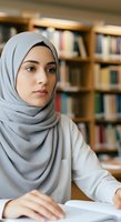 Young woman wearing light gray hijab studying in library with open book and wooden bookshelves in background, suitable for education and learning concepts.
