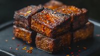 Rich chocolate brownies stacked on dark slate plate with cocoa powder dusting, perfect for bakery, dessert, and food photography projects.