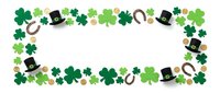 St. Patrick's Day festive border frame with green shamrocks, leprechaun hats, horseshoes and four-leaf clovers on white background for holiday designs.