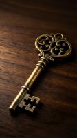 Ornate vintage brass key with decorative scrollwork handle resting on rich dark wooden surface creating warm atmospheric lighting for antique decor concepts.