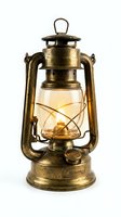 Vintage brass oil lantern with glowing warm light isolated on white background, suitable for antique decor, camping, and nostalgic design projects.