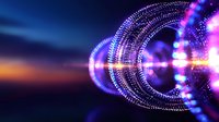 Futuristic glowing tunnel with purple and blue neon lights creating dynamic circular patterns against dark background, abstract technology concept for digital innovation.