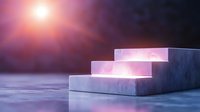 Minimalist white steps with mystical pink glowing light and fog effect on dark background creates atmospheric mood for product display or achievement concept.