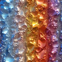 Colorful water drops and bubbles creating rainbow gradient pattern with blue, gold, orange and purple stripes. Macro photography of liquid surface texture.