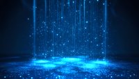 Glowing blue particles and light streams falling from above create magical atmosphere on dark background with sparkles and luminous effects.