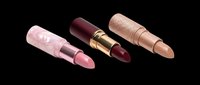 Three elegant lipsticks in pink, deep burgundy, and nude shades, isolated on transparent background, ready for beauty, cosmetics clipart, stickers, and print on demand design use.