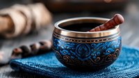 Ornate Tibetan singing bowl with blue and gold patterns on blue textile, used for meditation and sound healing practices.