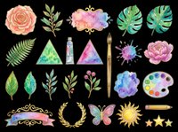 Watercolor clipart set with flowers, tropical leaves, butterfly, sun, paint tools, and decorative elements, isolated on transparent background, ready for stickers, T-shirts, and print on demand.