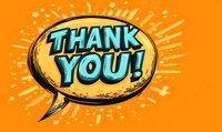 Comic style speech bubble with thank you text in blue letters on yellow background with orange radial burst pattern and grunge texture elements.