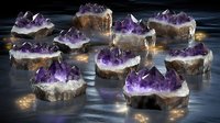 Purple amethyst crystal clusters on natural stone bases illuminated by warm fairy lights creating magical atmosphere on dark reflective surface.
