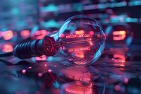 Clear light bulb with glowing red filament reflecting on wet surface against blurred neon city lights background creates futuristic cyberpunk atmosphere.