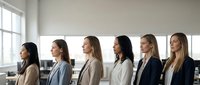 Six diverse female professionals in business casual attire standing in profile against bright office windows, representing teamwork, corporate diversity, and modern workplace culture.