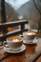 Two cappuccinos with heart-shaped latte art on wooden table outdoors, moody autumn atmosphere with blurred mountain background and bokeh lights.