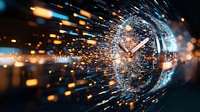 Digital clock face emerging from glowing particles with light streaks and bokeh effects against dark background, representing time and technology advancement.