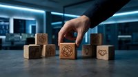 Business professional arranging wooden blocks with corporate symbols in modern office environment for strategic planning and organizational development.